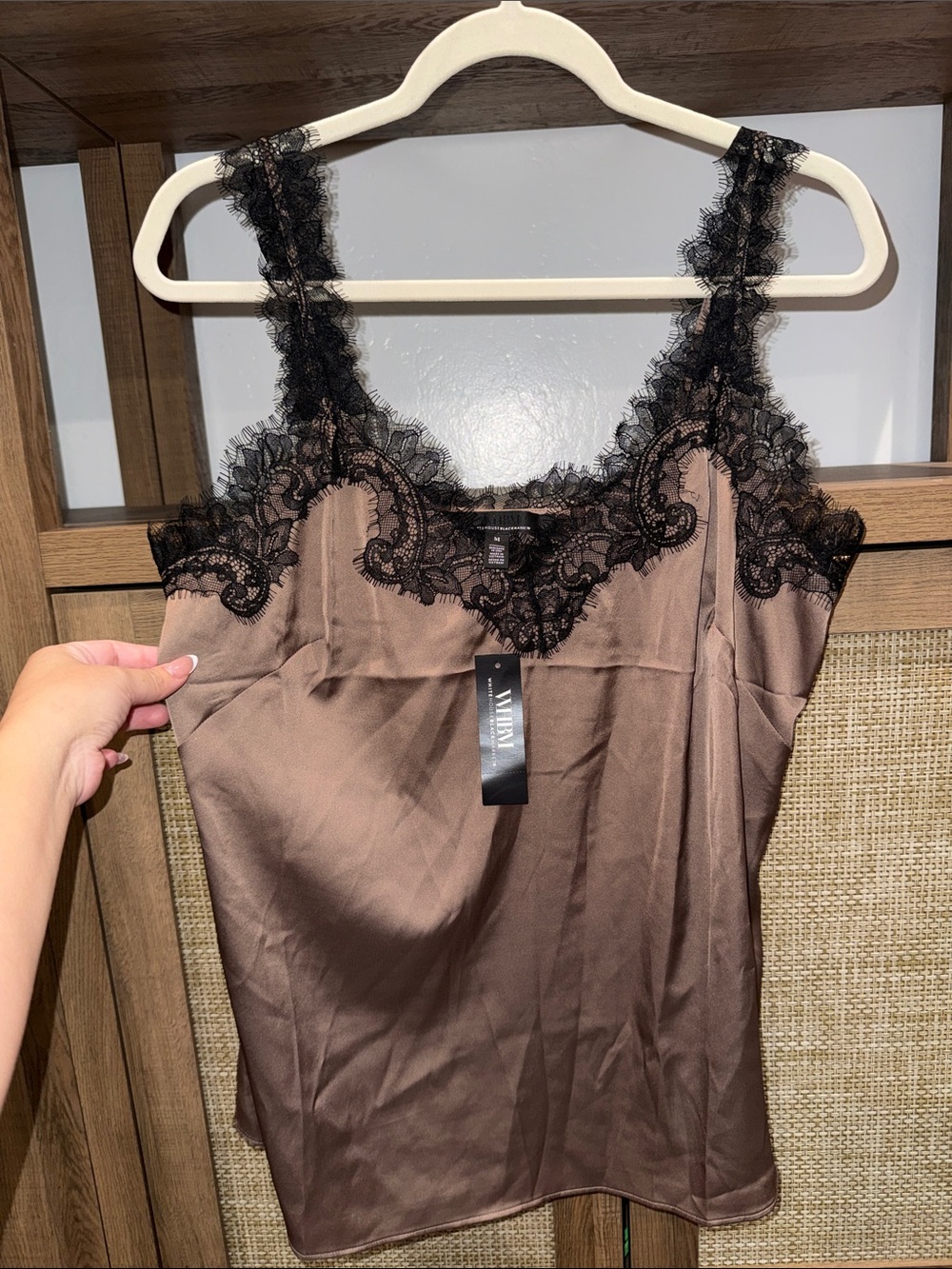 White House Black Market Brown Satin Lace-Trim Camisole